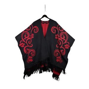 Ccahuantico Peruvian Alpaca Boho Black Red Swirl Print Cape Poncho w Fringe OS